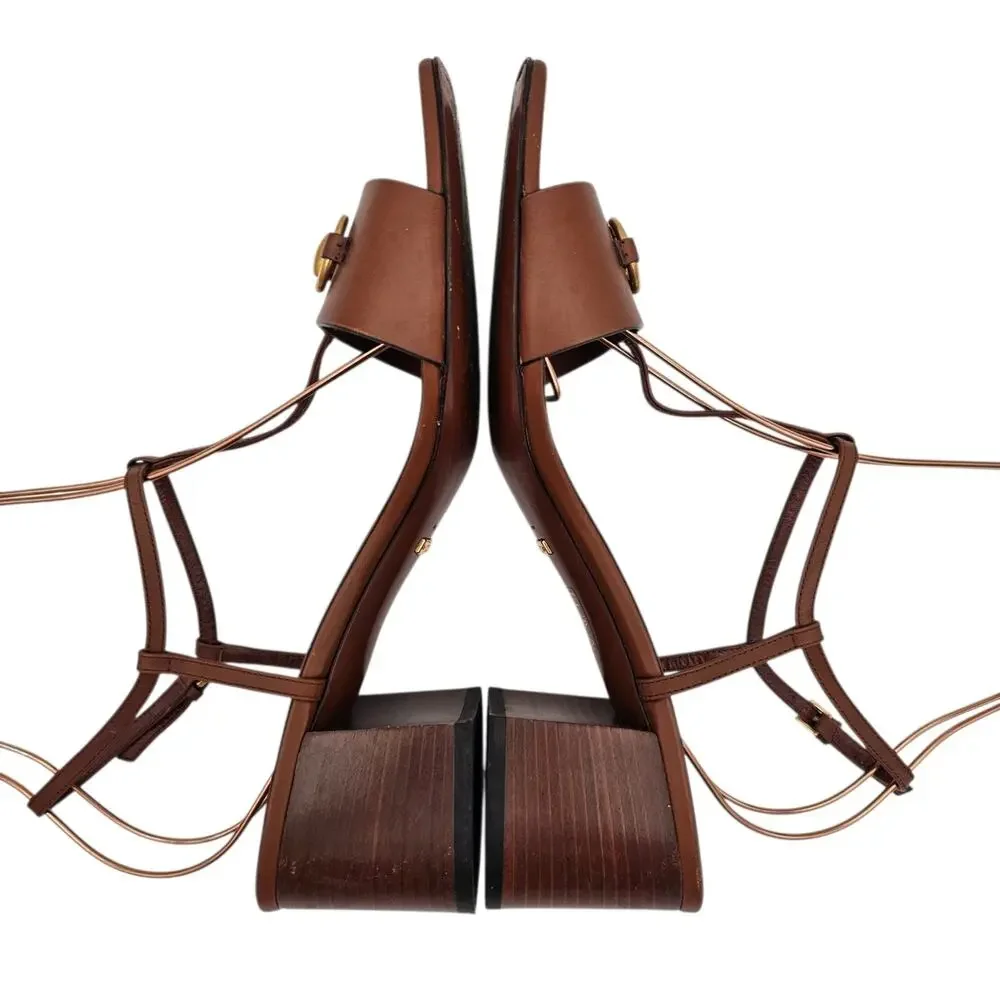 Gucci GG Brown Leather Horsebit T Strap Block Heel Sandal Gold Size 40 US 10